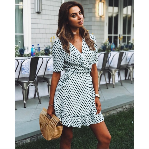 green and white polka dot wrap dress